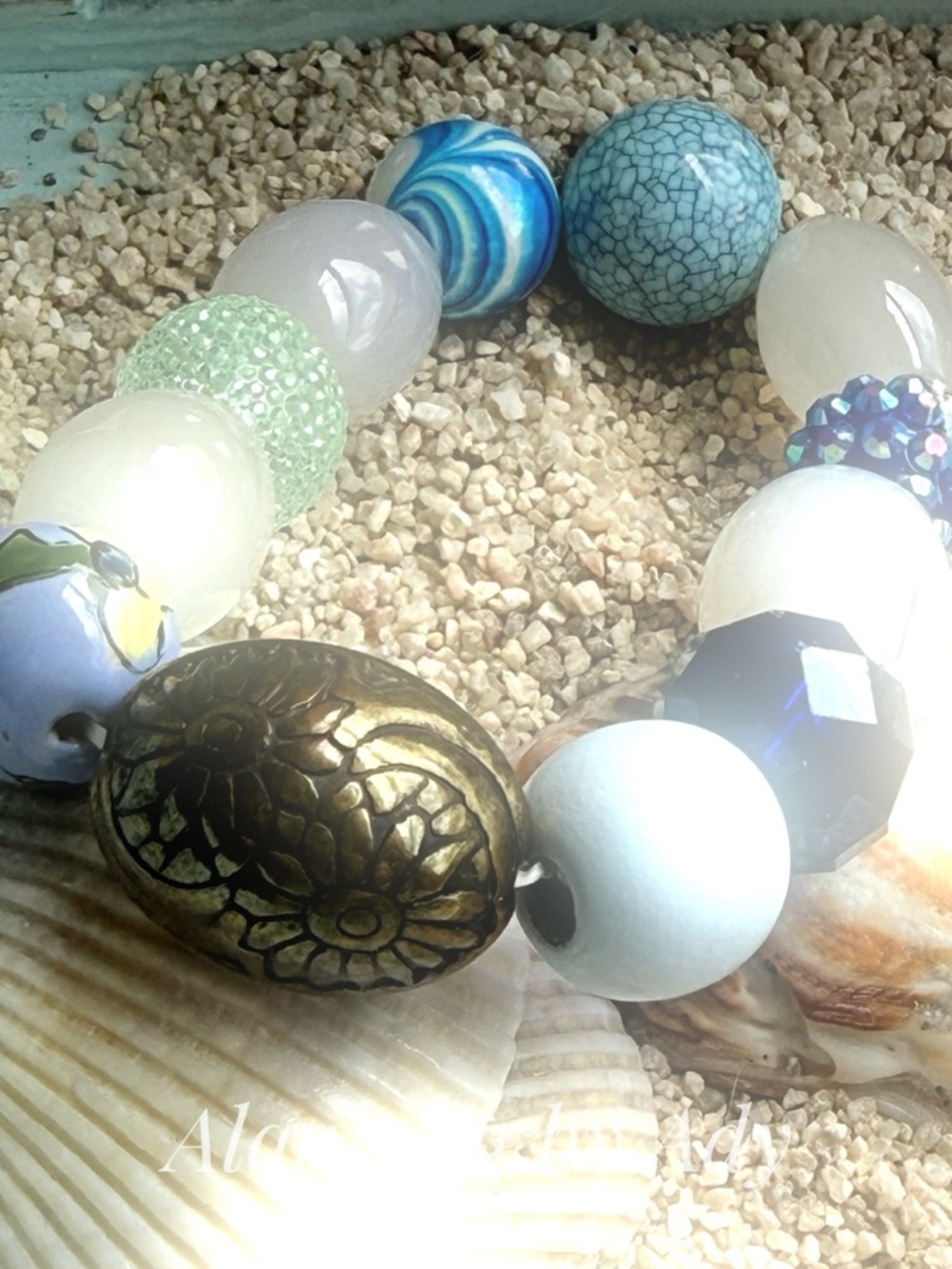 BRUTALIST + Europe + Blue White JADE- Bead blend Bracelet Antique Gold Accent